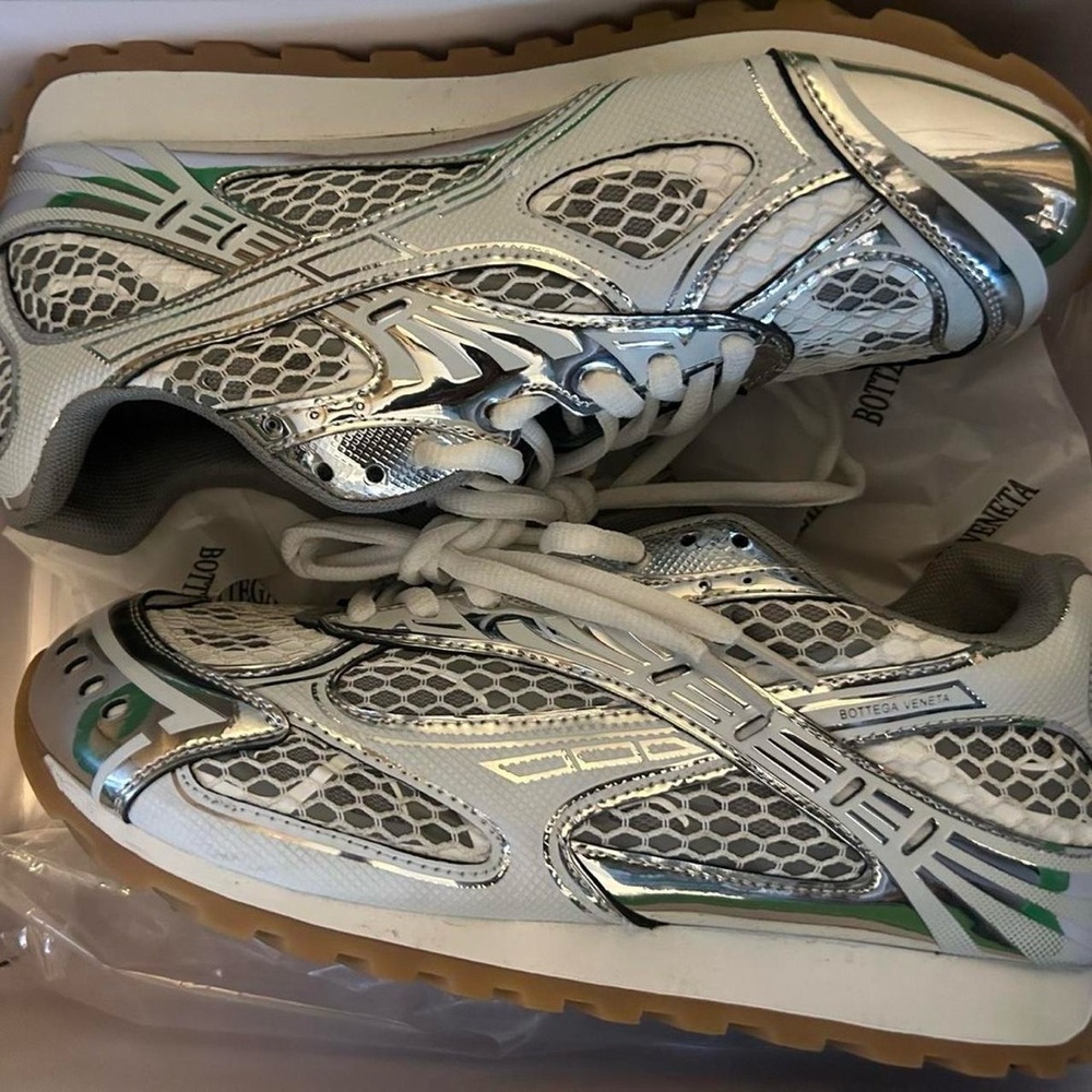 Bottega Veneta Silver and Green Mesh Sneakers